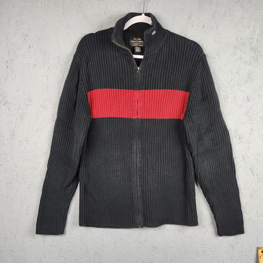Vintage Ralph Lauren Sweater Mens XL Black Red Full Zip Ribbed Knit Flag Heavy